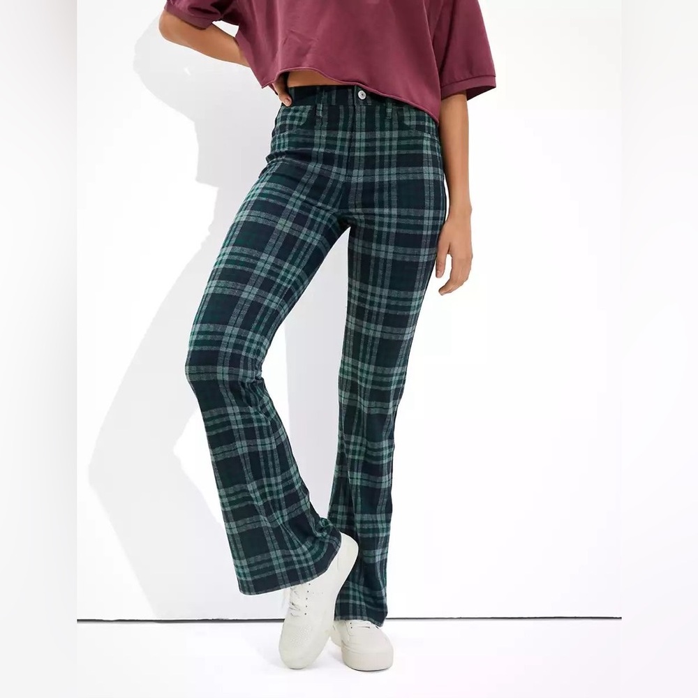American Eagle Plaid Stretch Flare Pants, Soft Knit, Blue Green